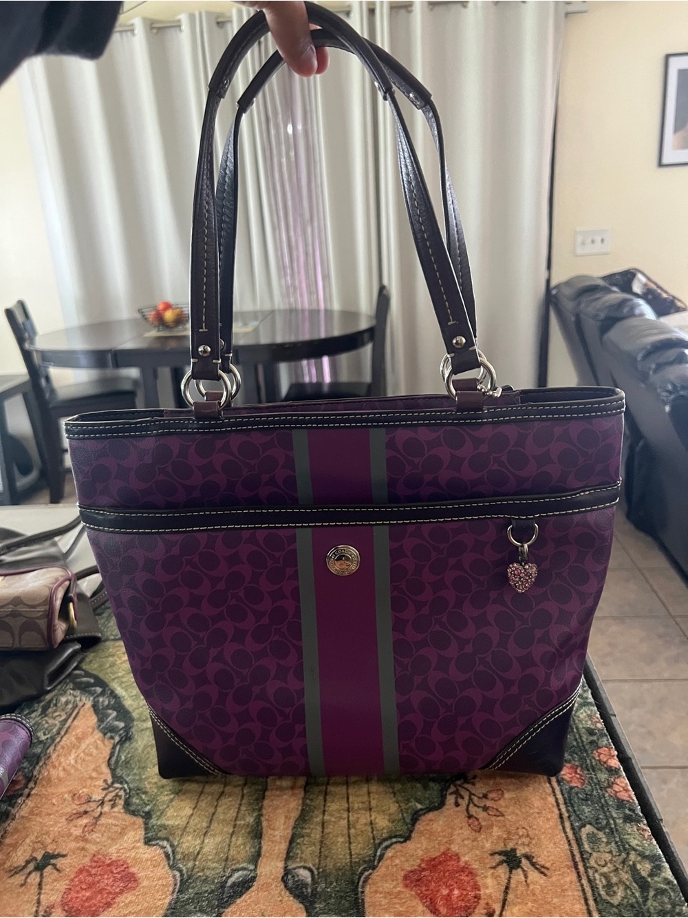 Vintage 2000sCoach Purple Signature Stripe Tote with Heart Charm